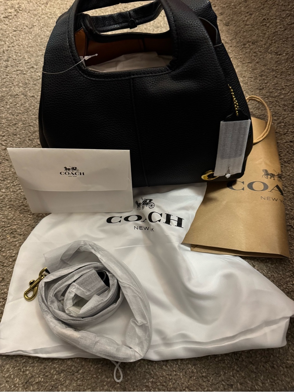 Black Pebbled Leather Shoulder Bag with Gold Hardware